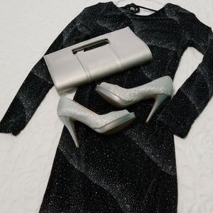Embroidered silver metallic thread black dress